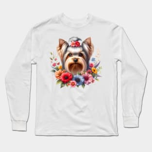 A yorkshire terrier with beautiful colorful flowers Long Sleeve T-Shirt